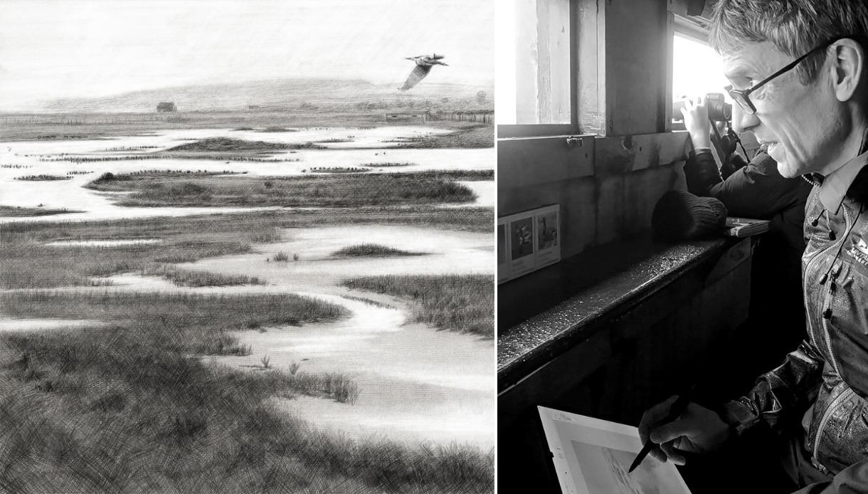 Artist sketching wetlands and wildlife during Inspired by Nature workshop with Cy Baker at Rye Harbour Nature Reserve.