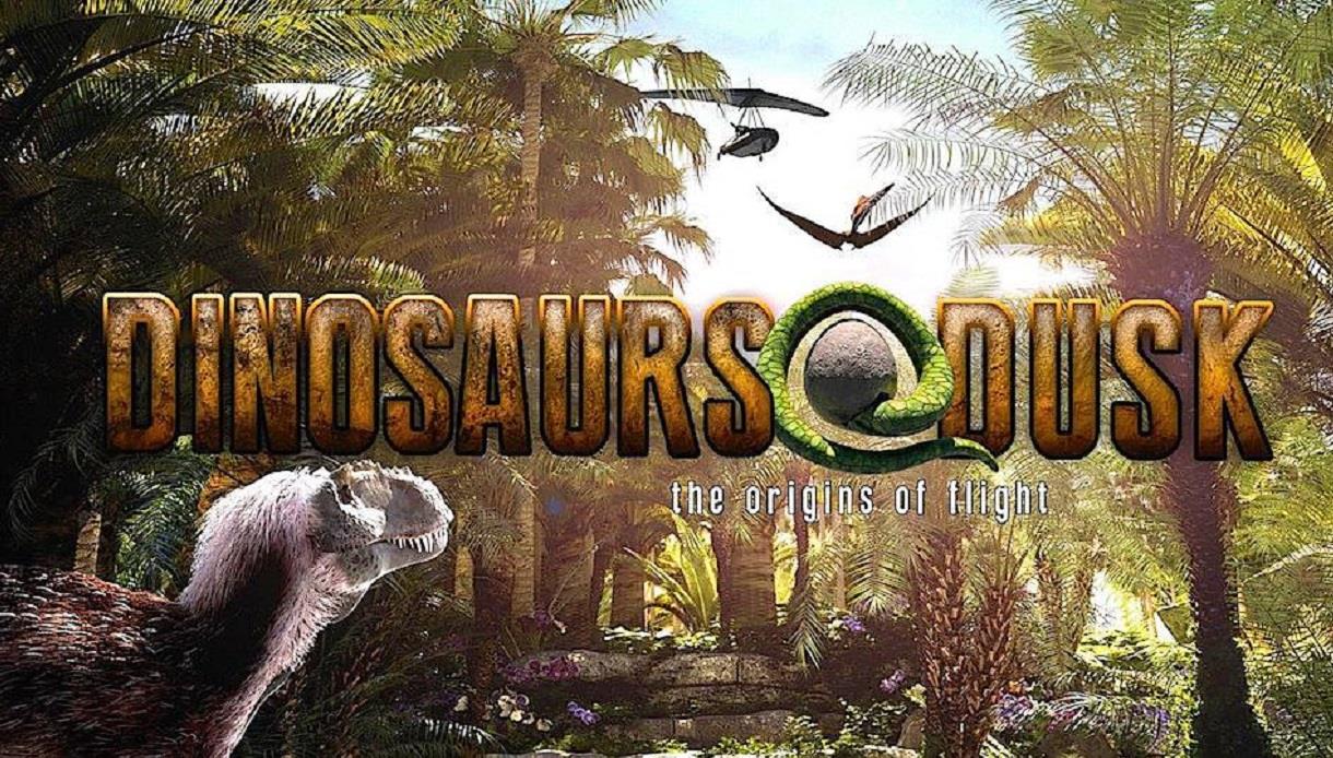 Picture shows an image of a rainforest with multiple dinosaur figures in view. Writing says: "Dinosaurs @ Dusk, the origins of light"