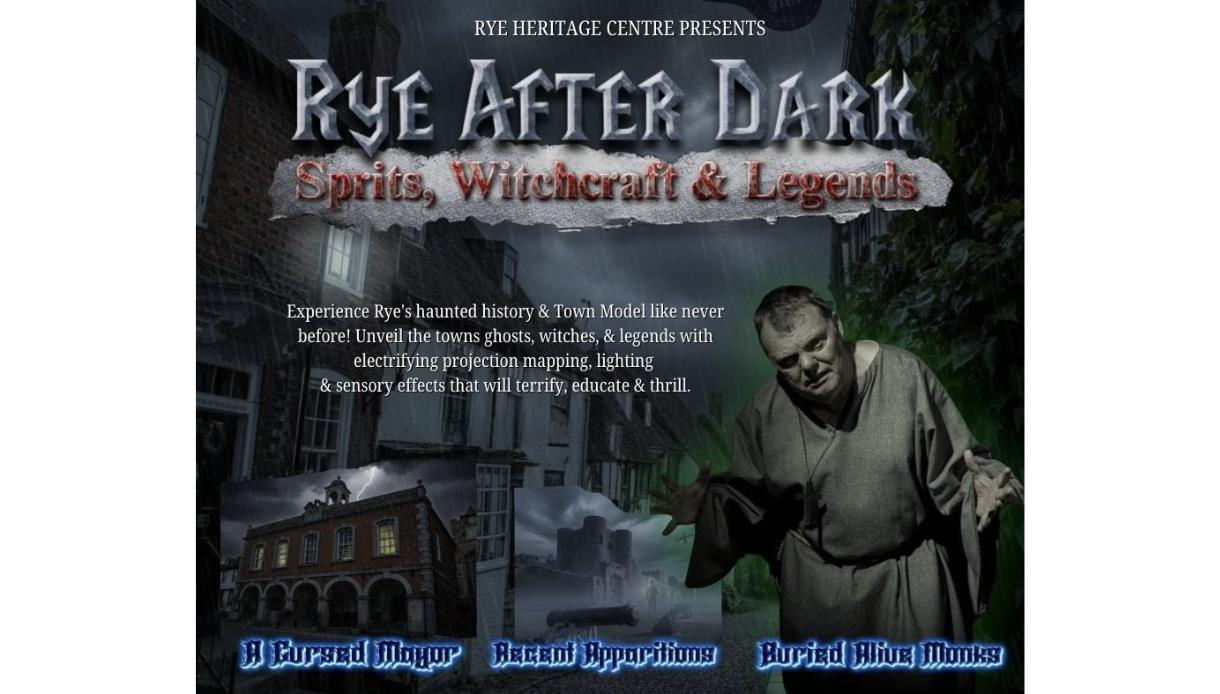Image is a poster for Rye After Dark that shows animations of Rye at night time, with a spooky feel and a person who looks haunted. It reads: 'Rye Aft
