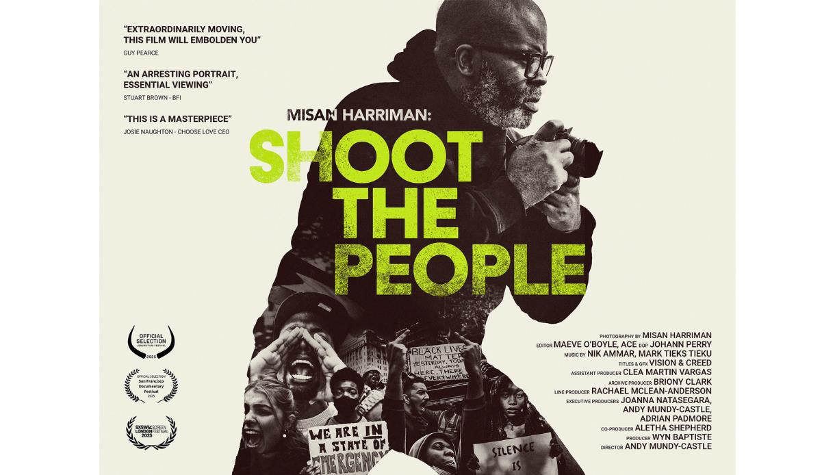 Dark, textured poster with the words “Shoot the People” in bold, worn red type taking up the majority of the page. The style is stark and moody, evoki