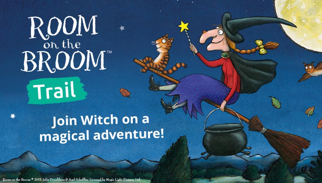 Illustrated witch flying on a broomstick with animals at night under the moon, promoting the Room on the Broom trail.