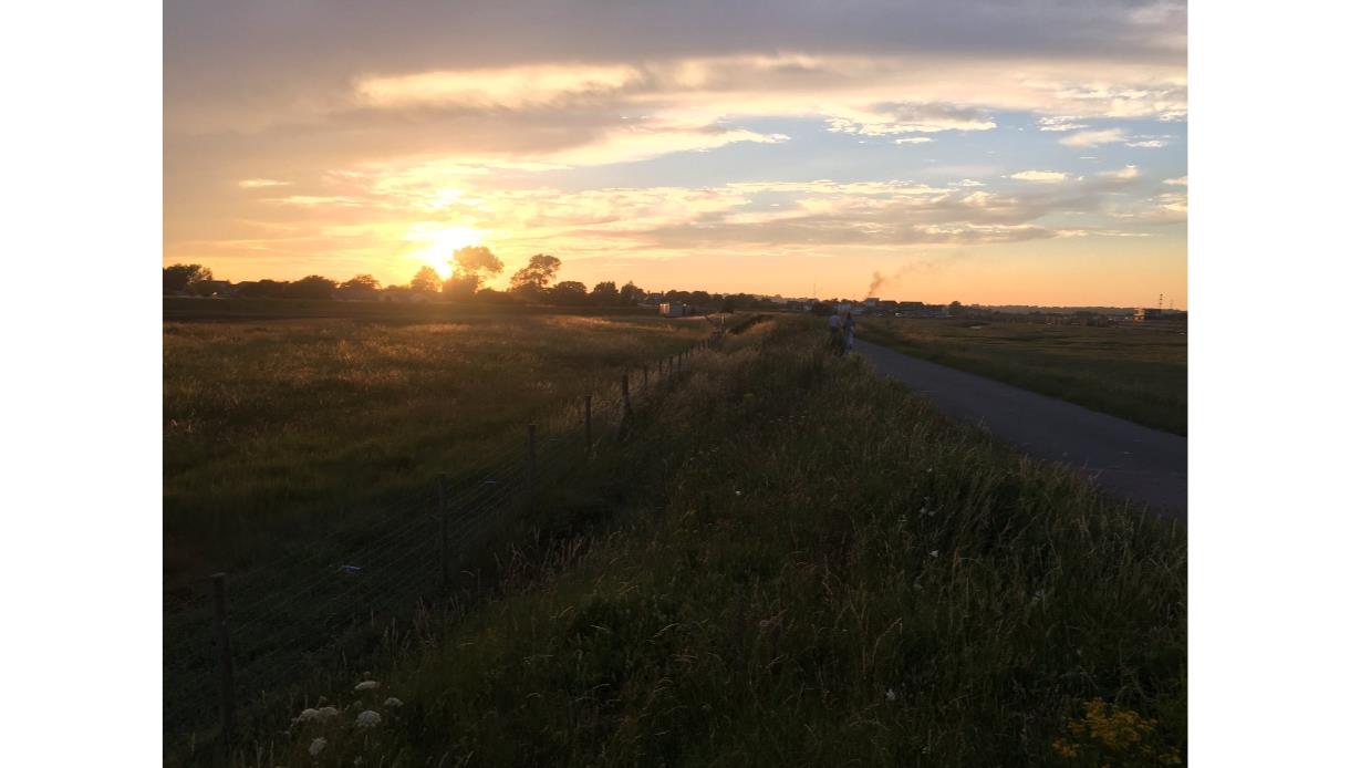 Sunset over grassy fields with a paved path and scattered trees under a partly cloudy sky.
