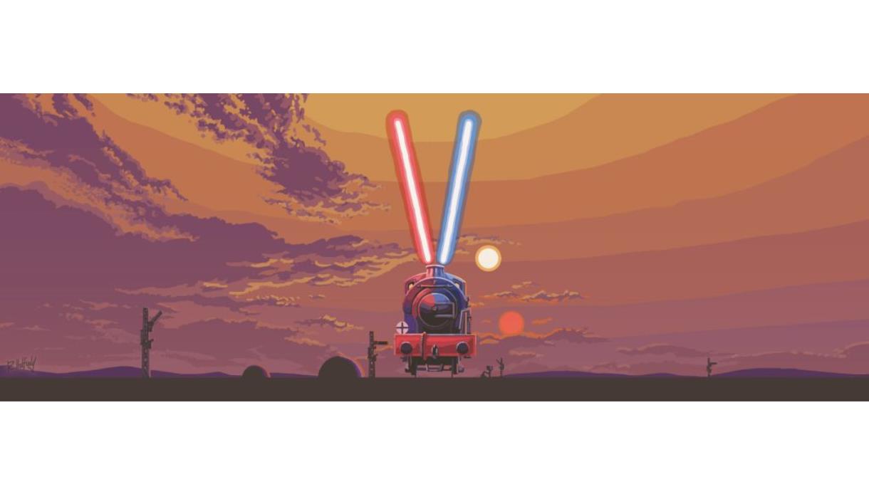 Train under a dramatic sunset sky with two glowing beams, one red and one blue, rising from its smokestack.