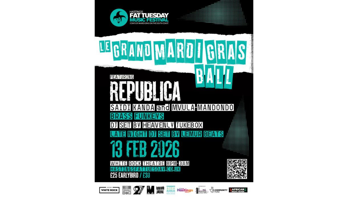 he Hastings Fat Tuesday Music Festival. The design features a black background with bold turquoise and white text. At the top left, the festival logo