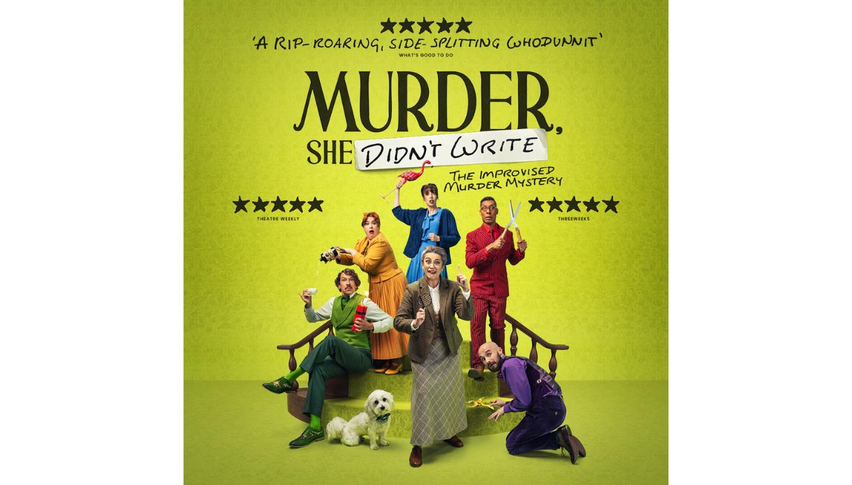 Bright green theatre poster for “Murder, She Didn’t Write,” showing a quirky ensemble cast in period costumes around a staircase.