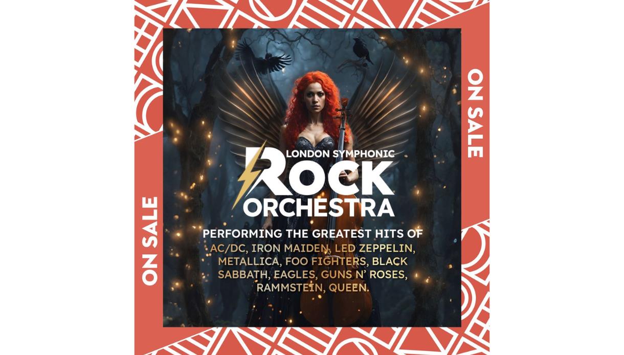London Symphonic Rock Orchestra poster featuring dramatic winged artwork and bands like AC/DC, Metallica & Queen.