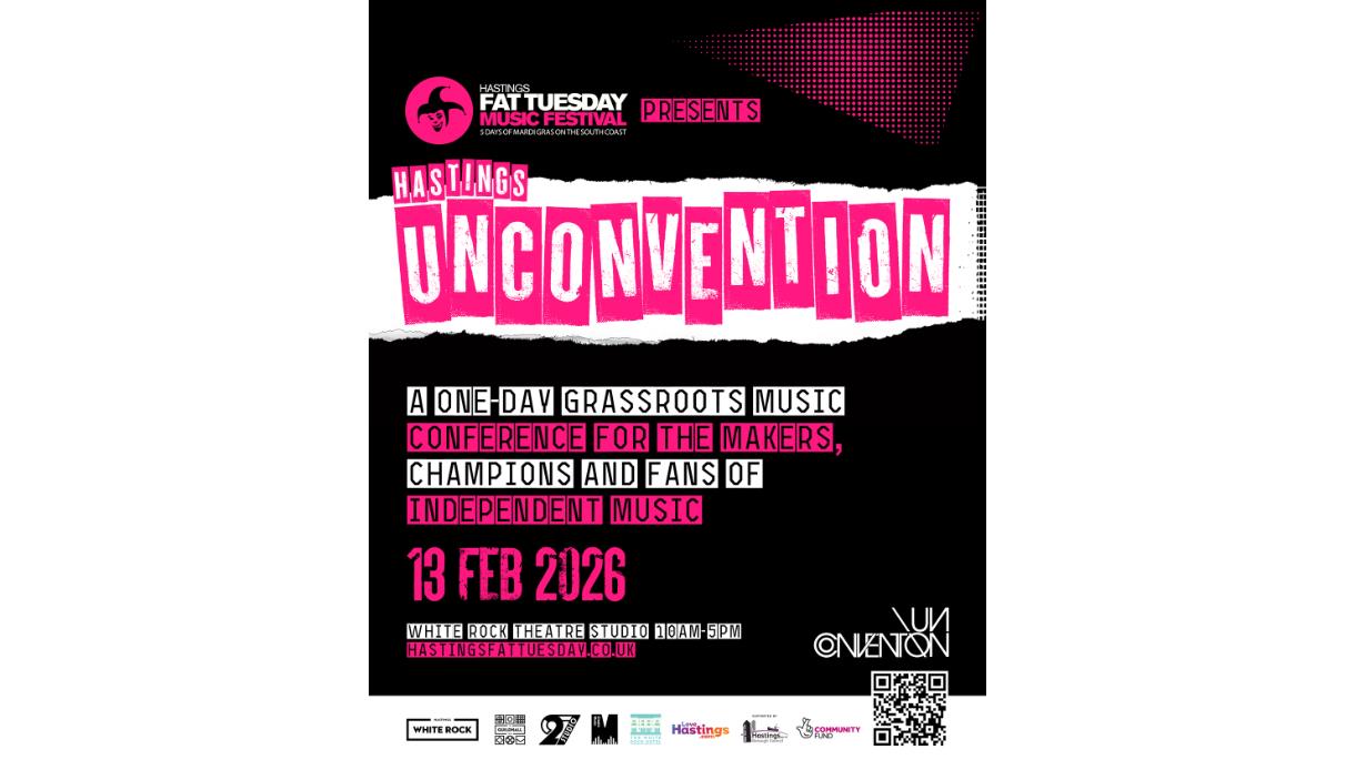 A bold and vibrant event poster for the Hastings Fat Tuesday Music Festival. The background is black with bright pink and white text elements. At the