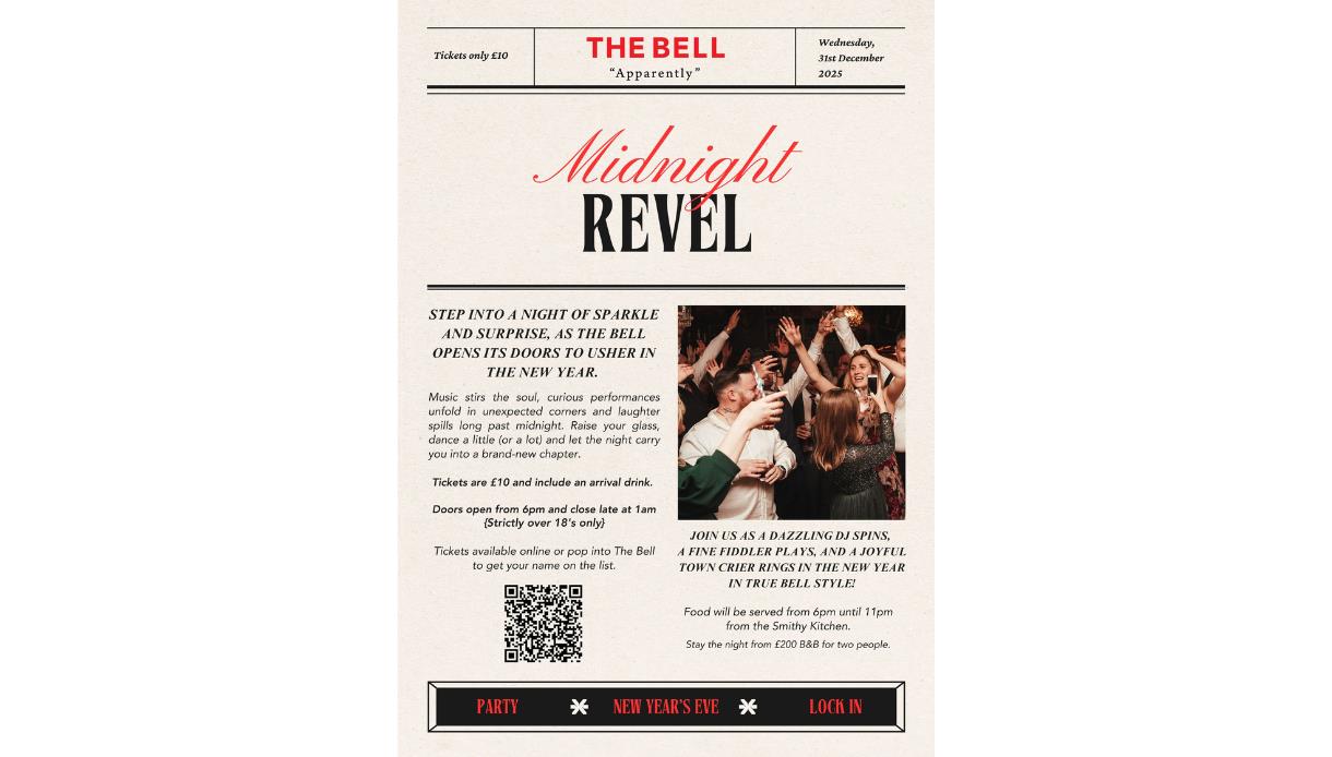 Poster for The Bell’s Midnight Revel New Year’s Eve party with event details and photo of people celebrating.