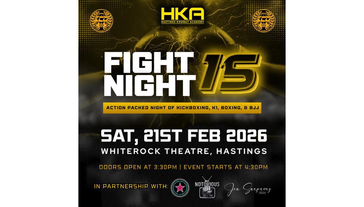 Black and yellow poster for HKA Fight Night 15, promoting kickboxing, K1, boxing and BJJ at White Rock Theatre, Hastings.