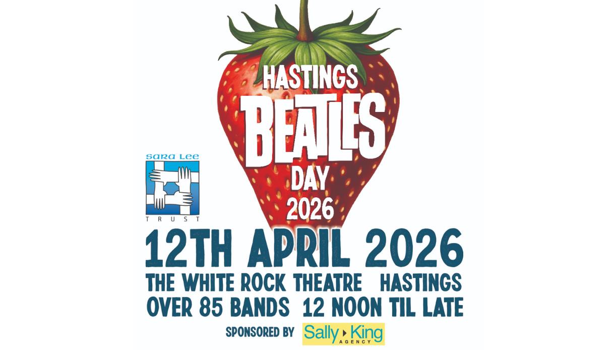 Poster for Hastings Beatles Day 2026 featuring a large strawberry and event details for 12 April at White Rock Theatre.