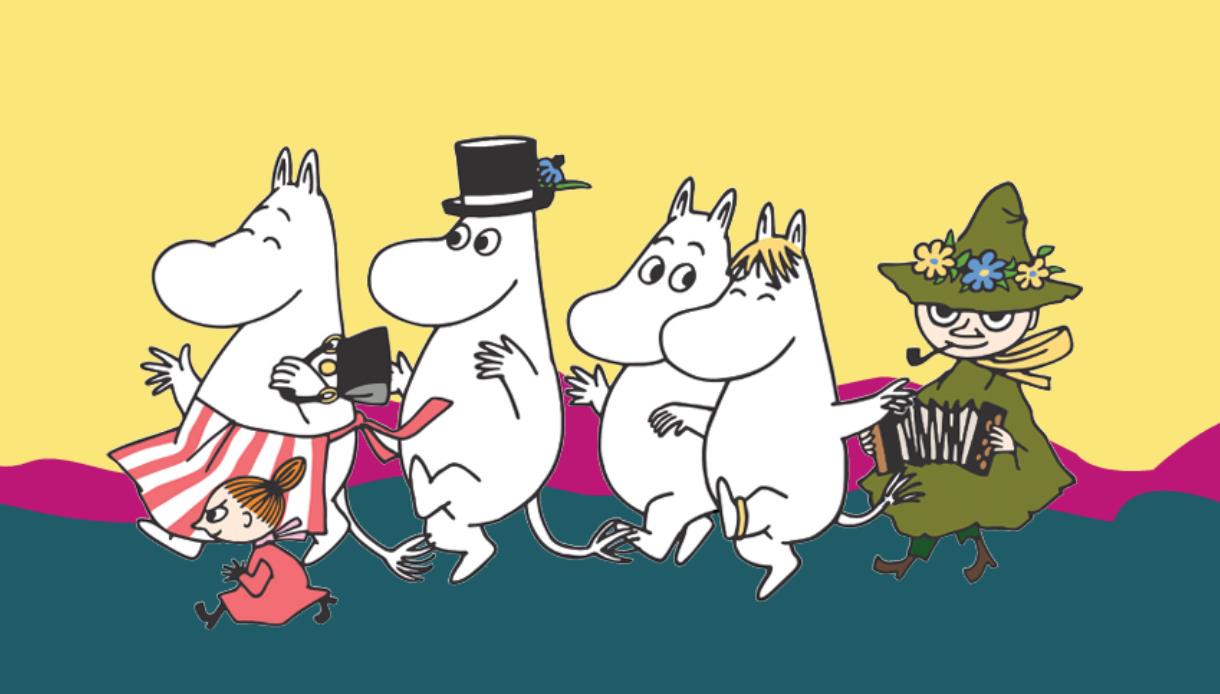 Illustration of Moomin characters walking together on colourful background.