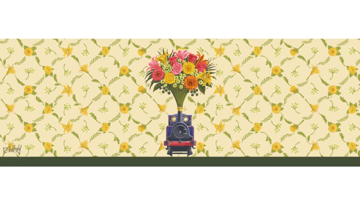 Small train engine on a floral-patterned background with a large bouquet of colourful flowers emerging from its smokestack.