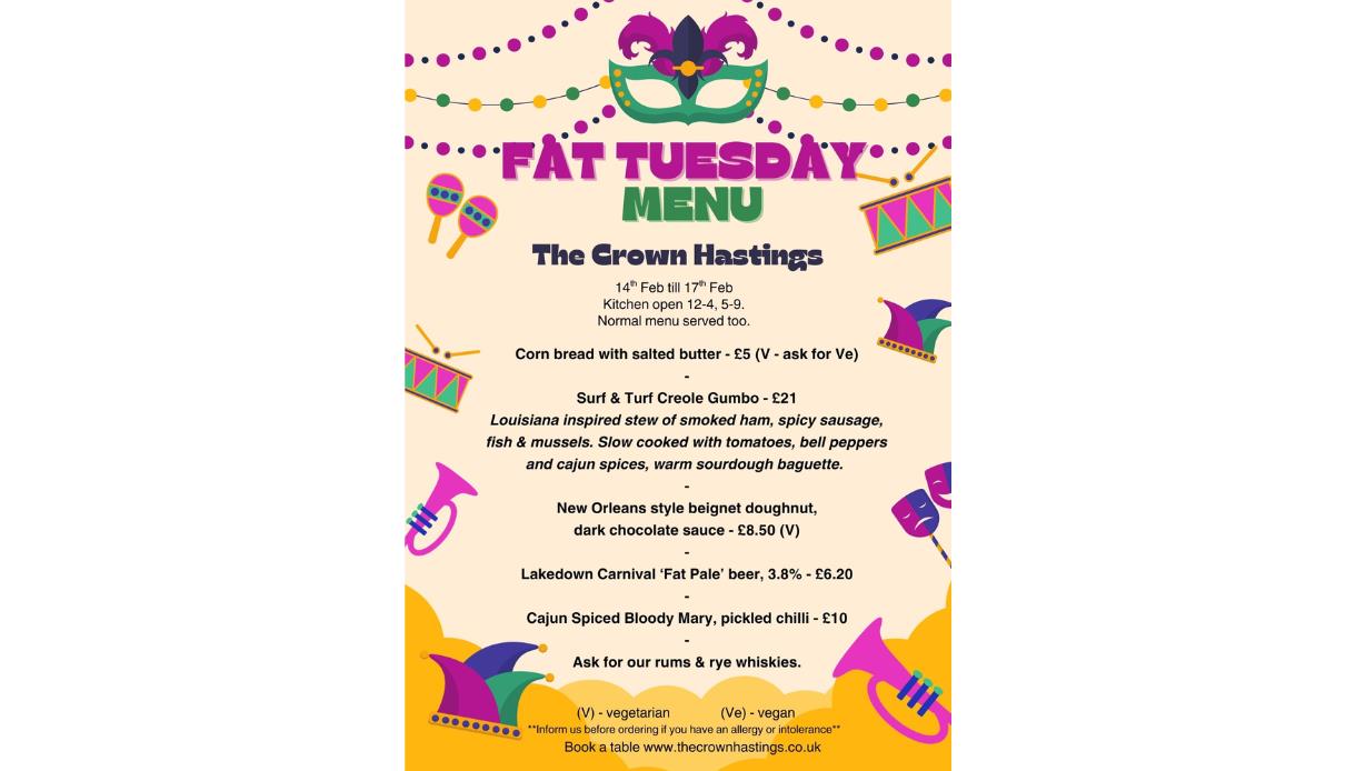 Mardi Gras–themed Fat Tuesday menu poster for The Crown Hastings with masks, drums, and colourful carnival decorations