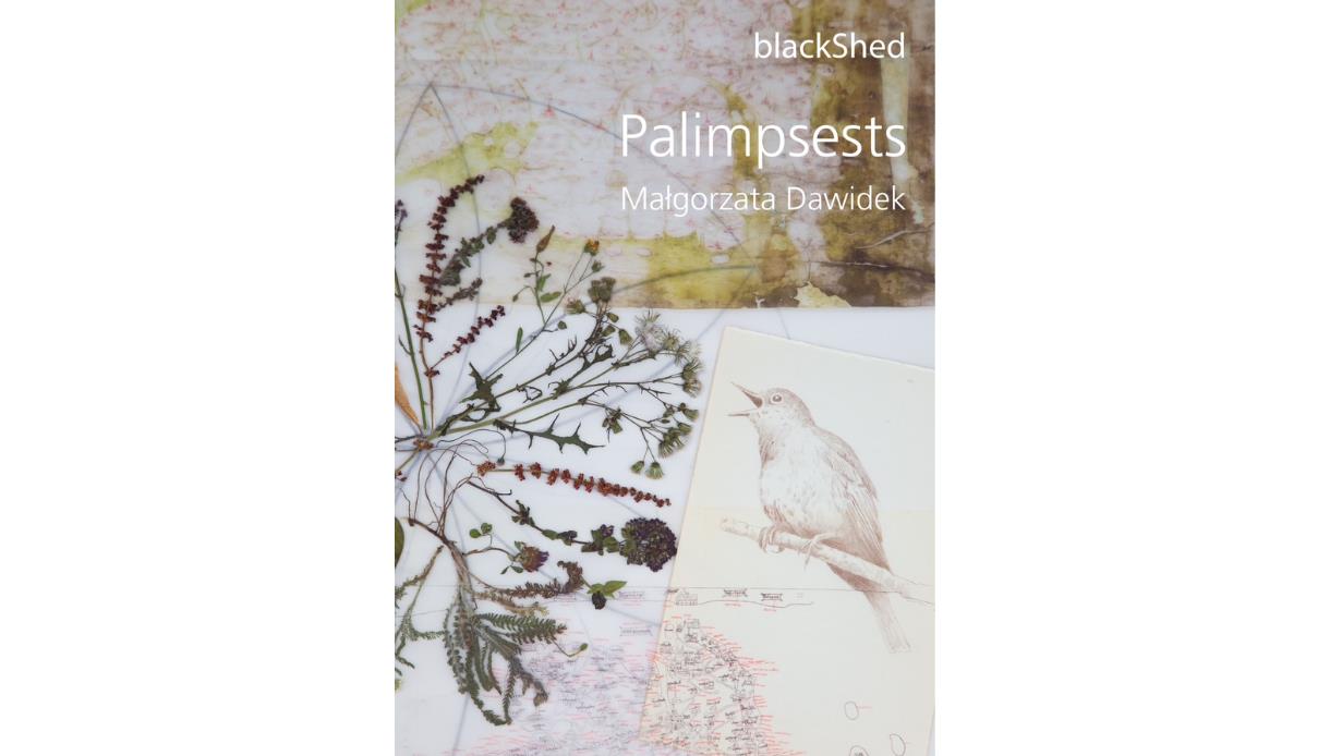 Book cover for Palimpsests by Małgorzata Dawidek, featuring pressed wildflowers, a bird sketch and layered map artwork.