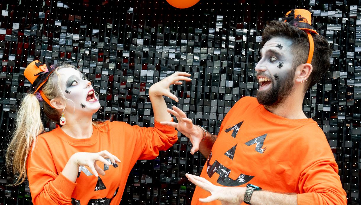 Promotional image for Priory Meadow’s Wicked Trick or Treat Trail, featuring Halloween costumes and pumpkin-themed outfits.