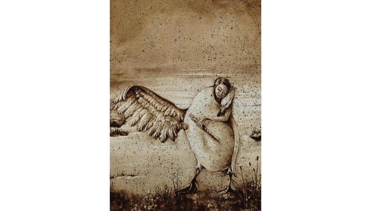 Artwork from Remember by Ibby Lanfear at BlackShed Gallery, depicting a winged figure carrying a flute in a textured landscape.
