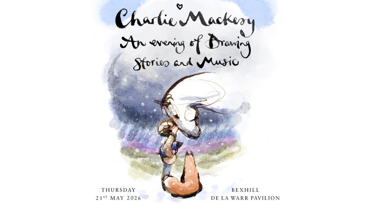 Illustrated event poster with handwritten text “Charlie Mackesy - An evening of drawing, stories and music” and a painted profile figure.
