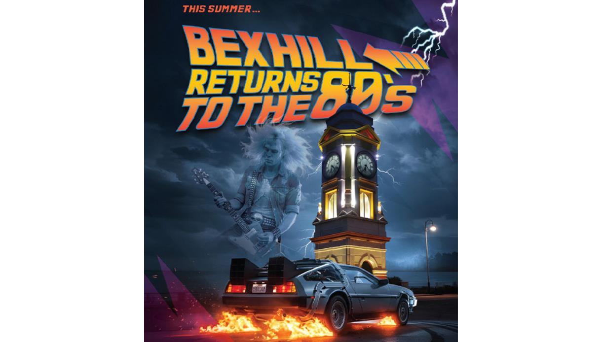 Poster for “Bexhill Returns to the 80s” featuring DeLorean car, clock tower, lightning, and rock guitarist graphic.
