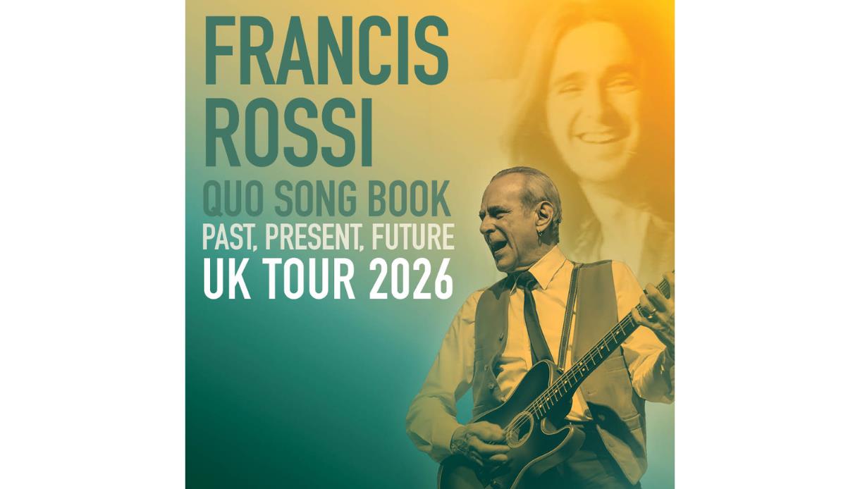 Poster for Francis Rossi “Quo Song Book: Past, Present, Future” UK Tour 2026, featuring guitarist portrait.