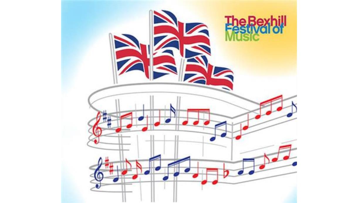 Illustration of Union Jack flags above musical notes and staff lines promoting The Bexhill Festival of Music.