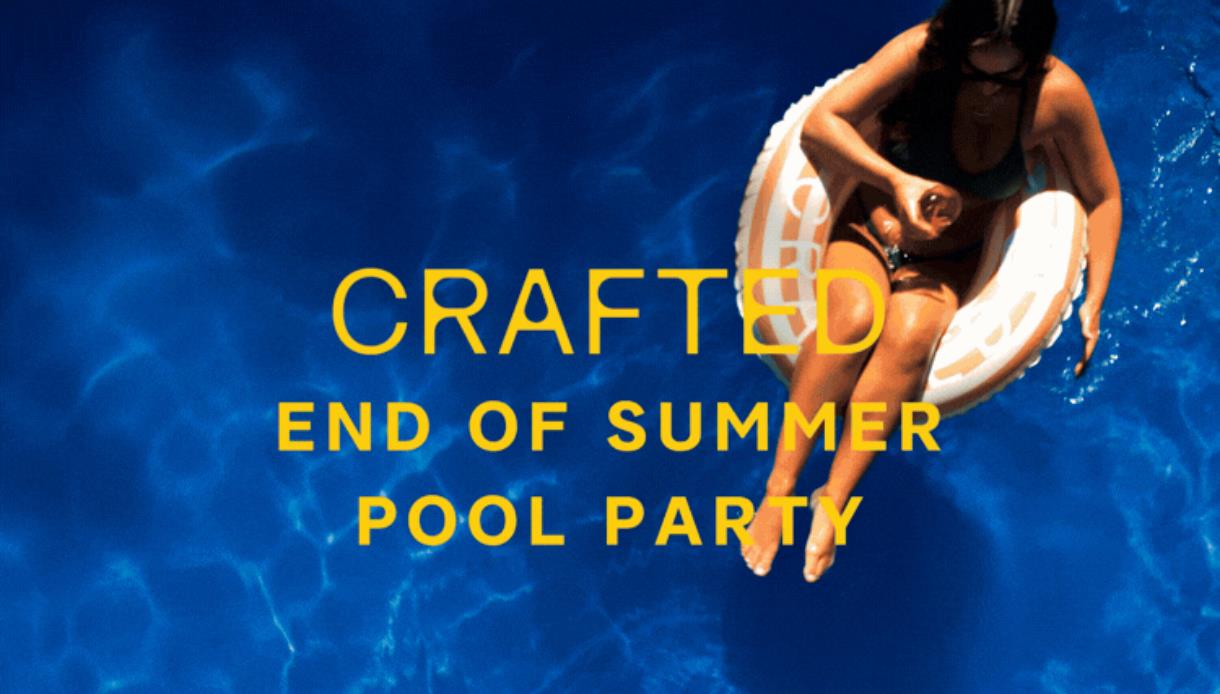 Crafted End of Summer Pool Party poster featuring a person on an inflatable ring in a bright blue pool.