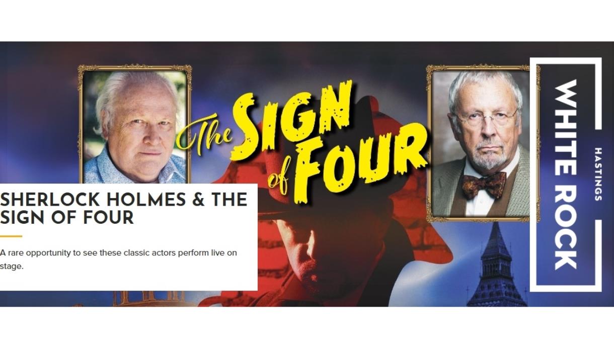 Promotional graphic for Sherlock Holmes & The Sign of Four at White Rock, featuring themed artwork and show details.