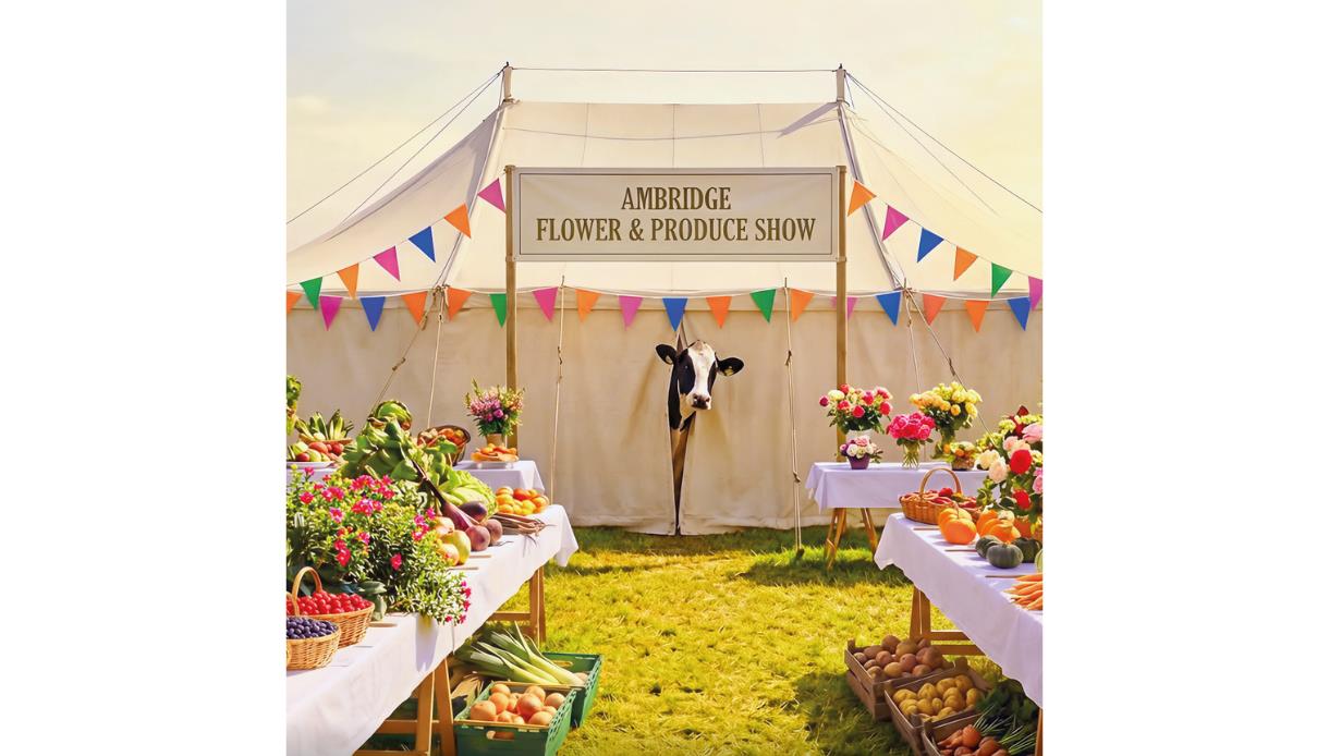 Image shows promotion for The Archers at the De La Warr Pavilion. Image shows the Ambridge Flower & Produce Show with a cow and tables