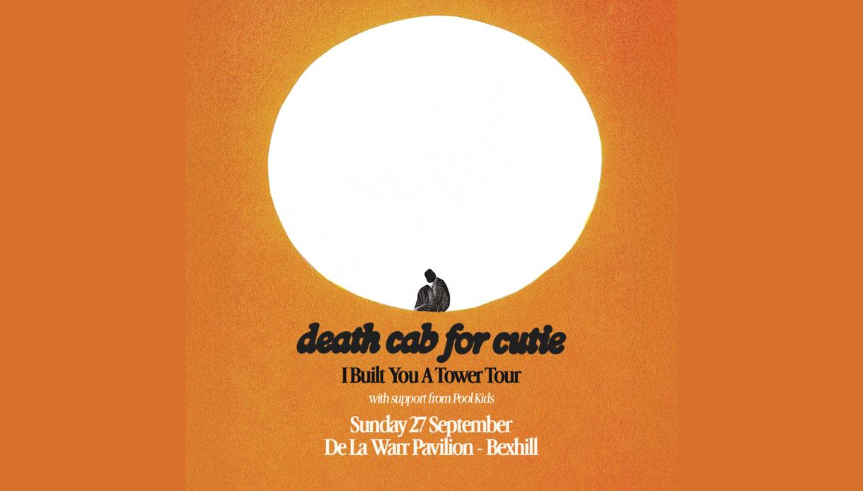 Promotional poster for Death Cab for Cutie at De La Warr Pavilion, featuring a silhouetted figure beneath a large white sun.