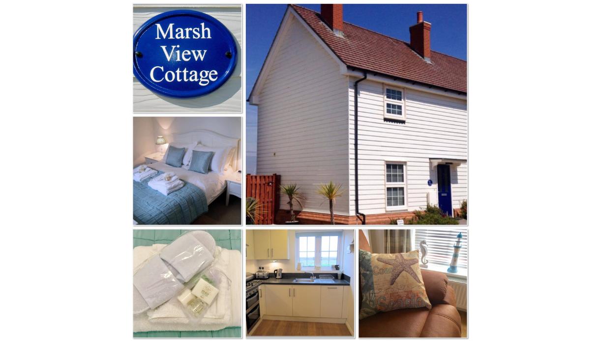 Collage of Marsh View Cottage showing the cottage exterior, bedroom, kitchen, lounge area and welcome amenities near Camber Sands.