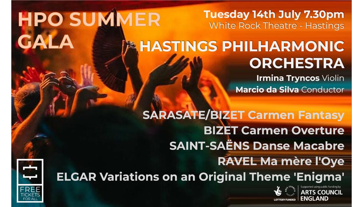 Poster for Hastings Philharmonic Orchestra Summer Gala, 14 July, featuring concert programme and vibrant stage scene.