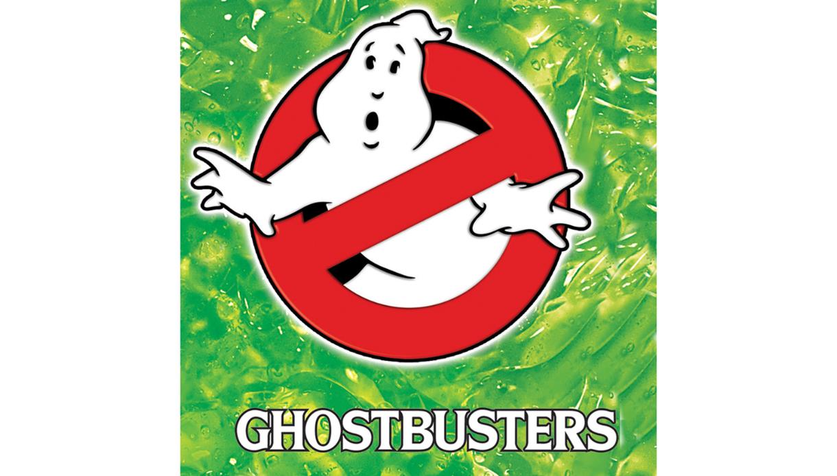 Ghostbusters logo featuring the iconic ghost symbol inside a red no-entry sign on a green slime background.