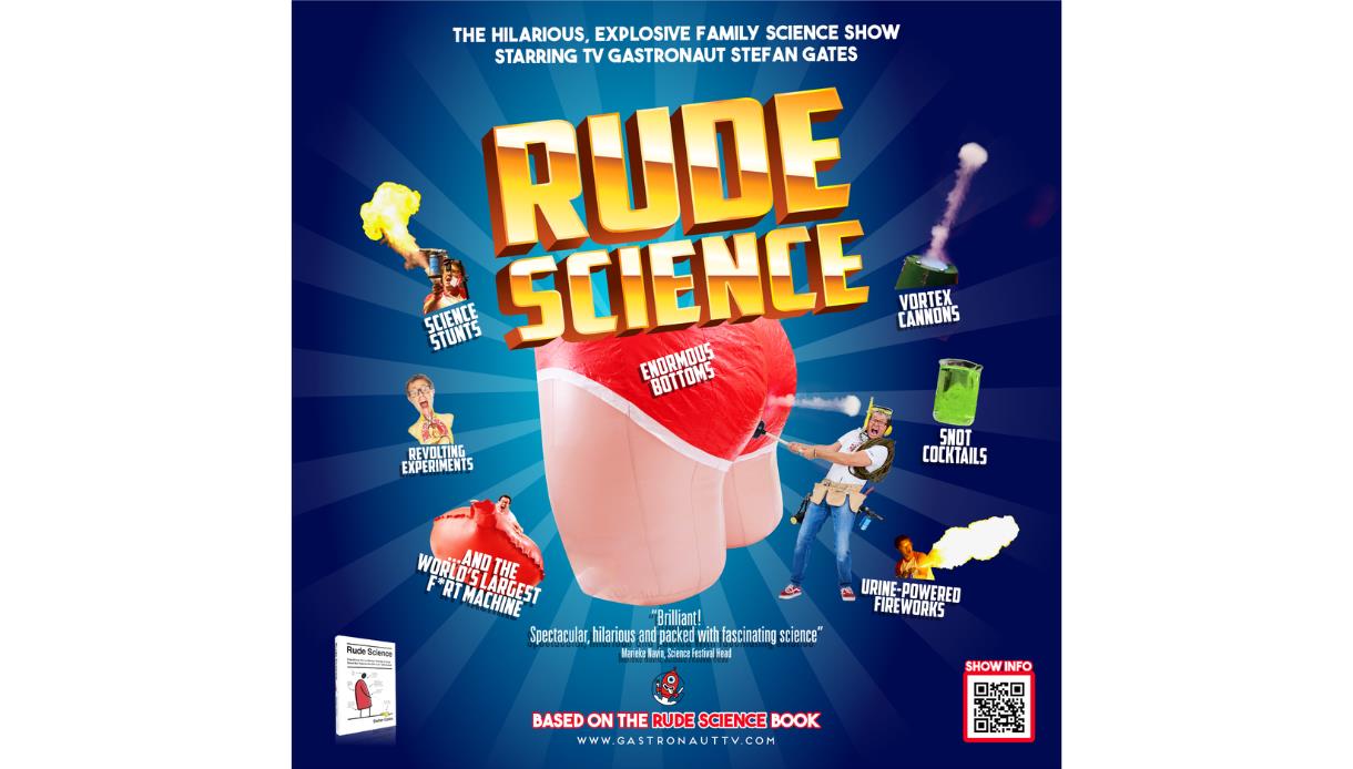Poster for Rude Science, a family science show with bold title text and cartoon graphics of silly experiments on a blue background.