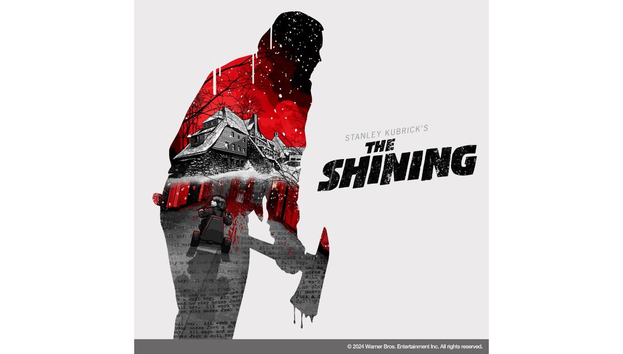 Promotional artwork for The Shining featuring a silhouetted figure and the Overlook Hotel in a red-and-black design.