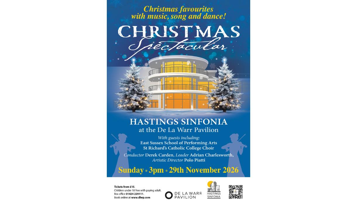 Christmas Spectacular poster with snowy De La Warr Pavilion, lit trees and event details for Hastings Sinfonia concert.