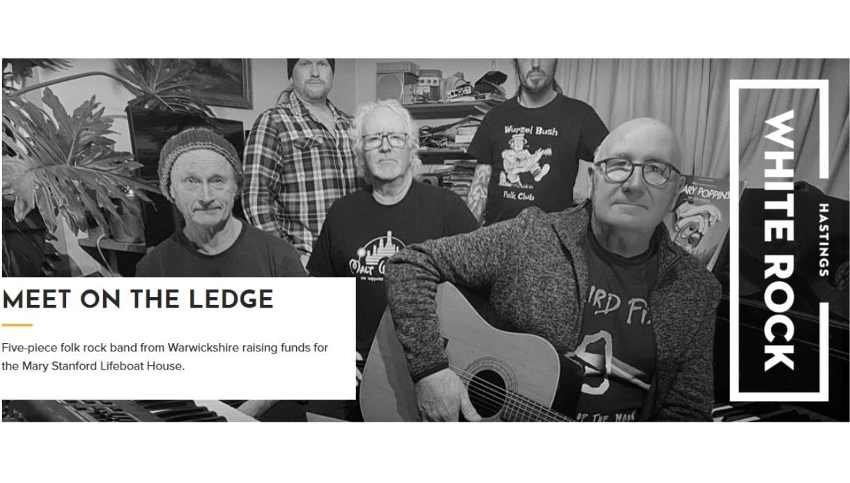 Black-and-white promotional image of folk band Meet on the Ledge performing together at White Rock Hastings