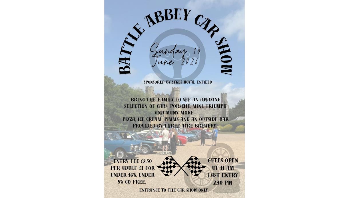 Battle Abbey car show poster, Sunday 14 June 2026, classic cars, entry £2.50, gates open 11am, food and bar.