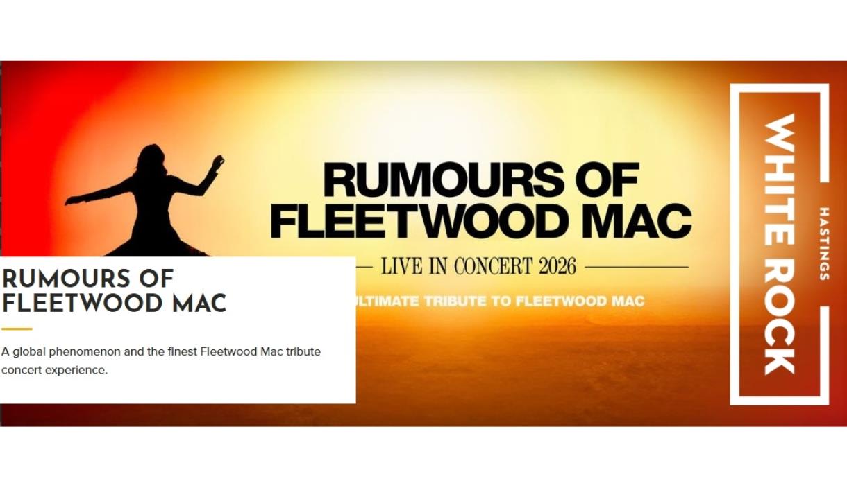 Promotional image for Rumours of Fleetwood Mac live in concert 2026 at White Rock, with a silhouette against a sunset backdrop.