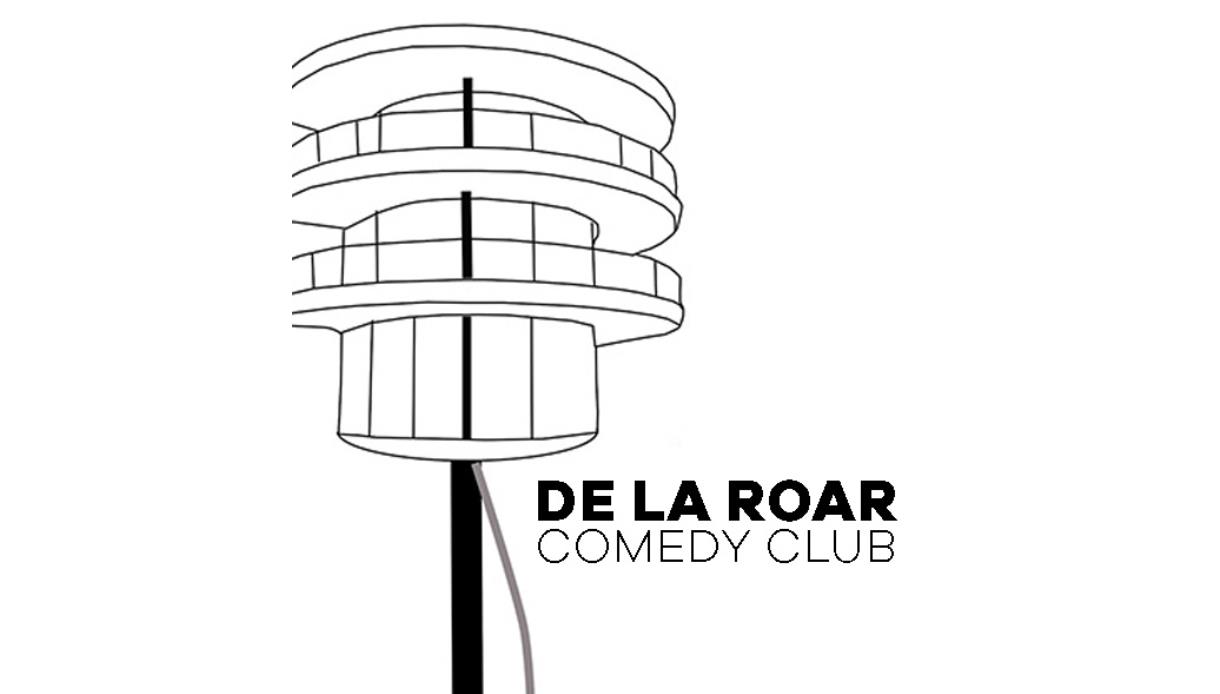 Minimal line illustration of a round tower logo with text “De La Roar Comedy Club” on a light background.