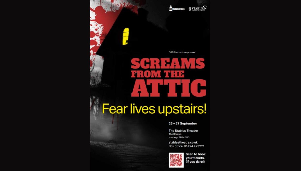 Poster for Screams from the Attic at The Stables Theatre, featuring a dark haunted house and glowing window.