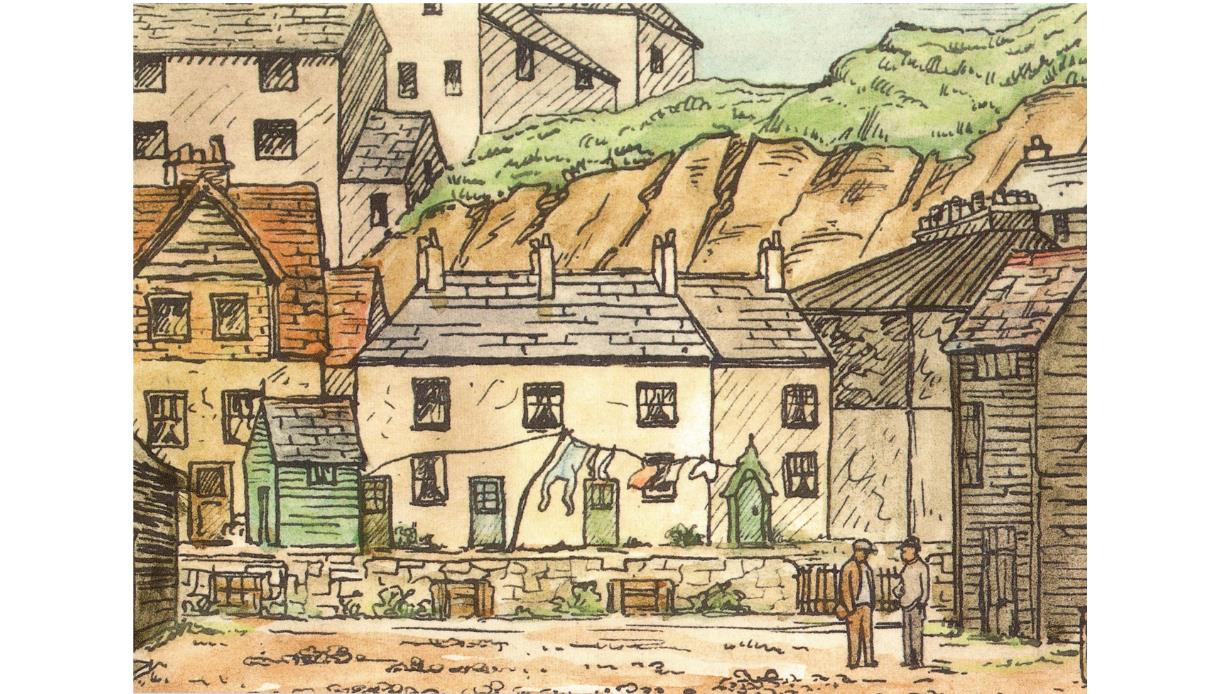 Illustrated scene of Hastings with terraced houses, hillside backdrop and two figures standing in a quiet street.