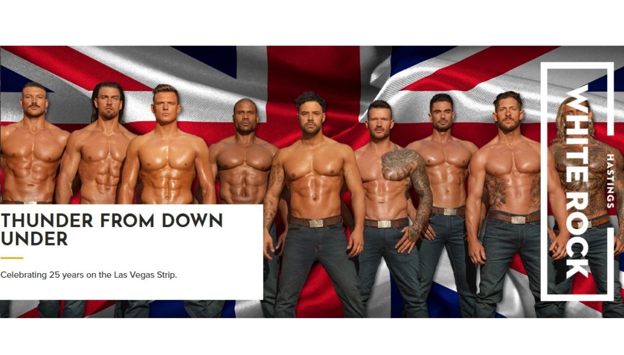 Promotional image for Thunder From Down Under, featuring a line-up of muscular performers in front of a Union Jack backdrop