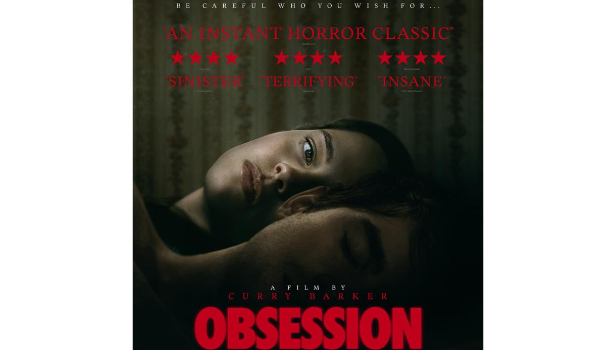 Promotional poster for the horror film Obsession, featuring two figures in a dark, atmospheric close-up.