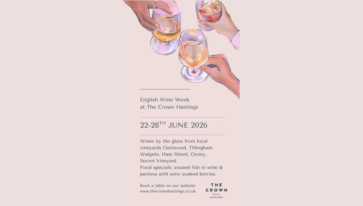 Illustrated poster for English Wine Week at The Crown Hastings, 22–28 June 2026, featuring three raised wine glasses.