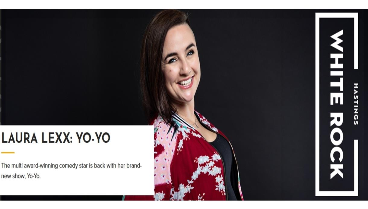 Poster for “Laura Lexx: Yo-Yo” at White Rock Hastings, featuring comedian portrait on dark background with show details.