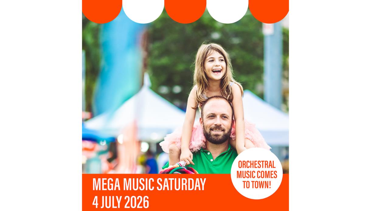 Promotional image for Mega Music Saturday showing an adult carrying a child at an outdoor event, with date and orchestral music text