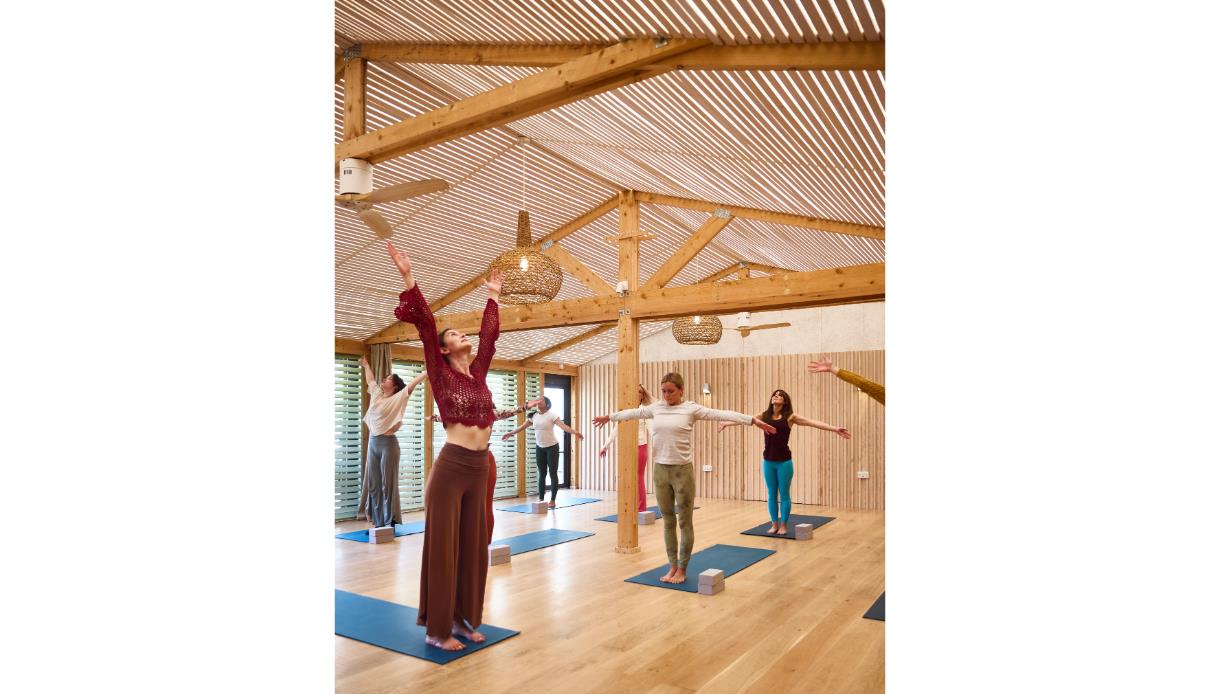 Participants practising yoga on mats in a bright wooden studio during a Harvest Moonrise Yoga session.