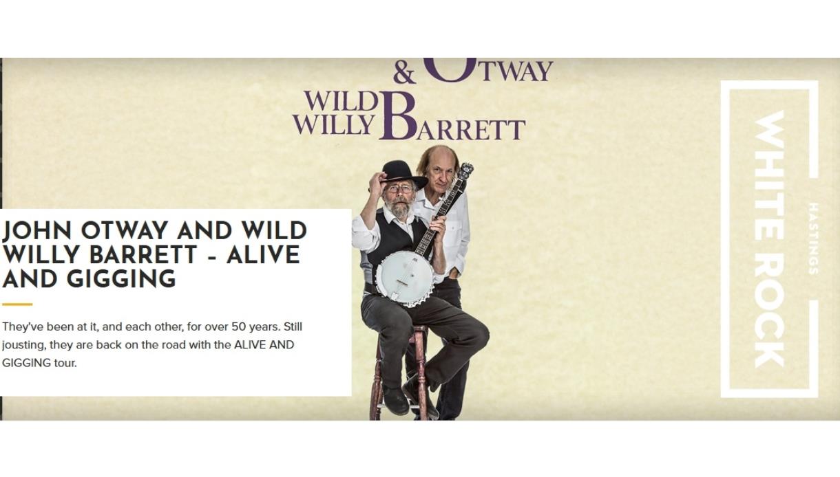 Promotional banner for John Otway and Wild Willy Barrett “Alive and Gigging” at White Rock, Hastings.