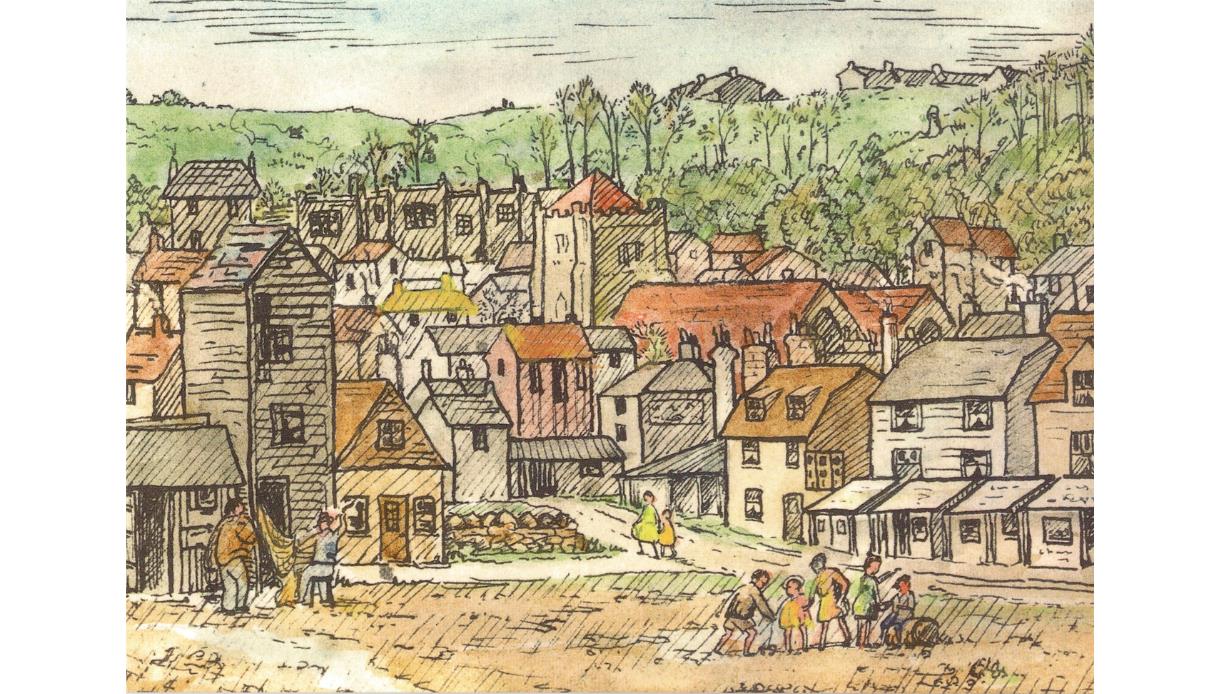 Illustrated village scene of Hastings with clustered houses, people walking in streets, and green hills in the background.