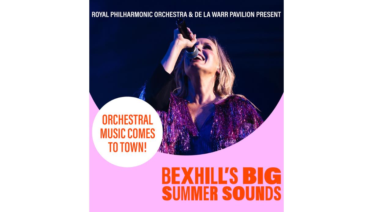 Promotional graphic for Bexhill’s Big Summer Sounds showing a performer singing on stage, with text announcing orchestral music.