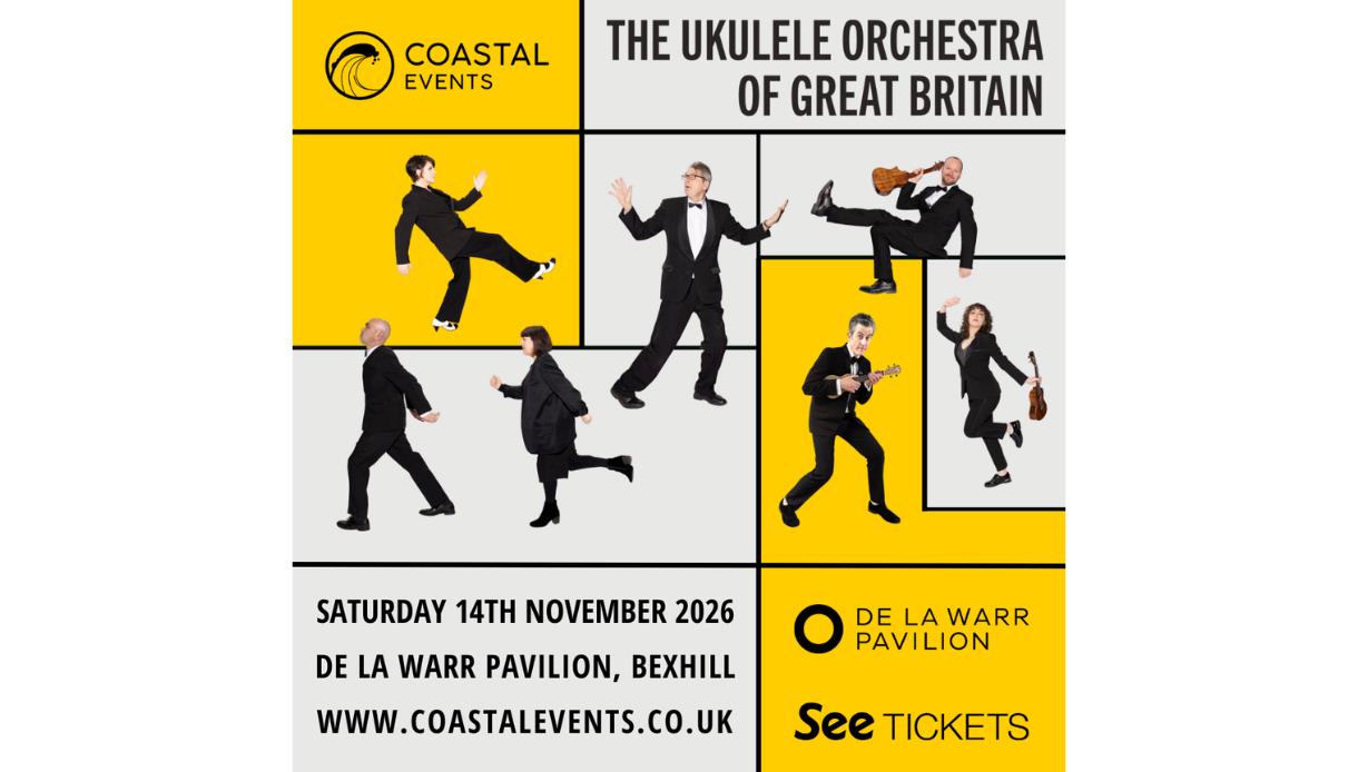 Poster for Ukulele Orchestra of Great Britain, 14 Nov 2026 at De La Warr Pavilion, with performers in suits posing playfully.